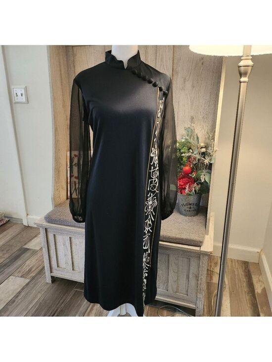 Alfred Shaheen Dresses & Skirts - Vintage Alfred Shaheen Black And Gold Qipao Dress Hand Painted 1970's